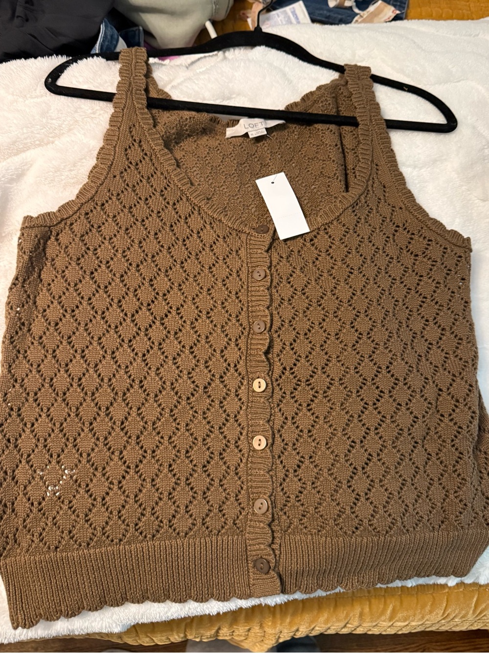 LOFT Brown Crochet-Style Button Cardigan